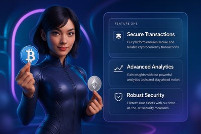 Futuristic Woman with Cryptocurrency Coins in 3D Illustration