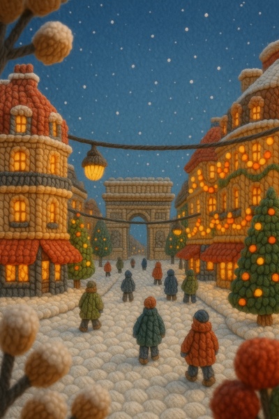 Winter Scene in Champs-Élysées, Paris with Festive Atmosphere
