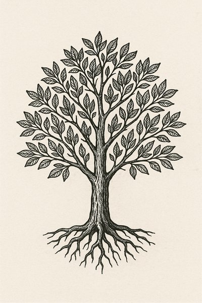 Elegant Black and White Tree Illustration with Roots and Leaves