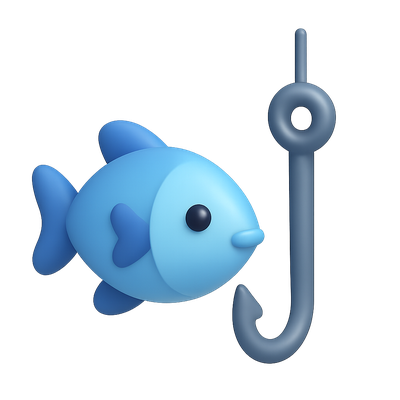 3D Icon of a Fish Next to a Fishing Hook
