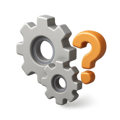 3D Gears with Question Mark Icon in Isometric View