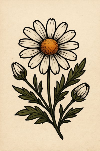 Illustration of a Daisy Flower with Buds and Leaves