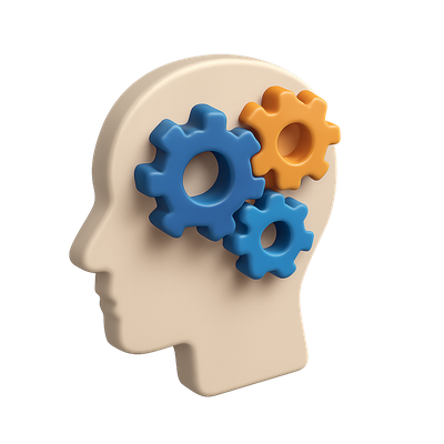3D Icon of a Head with Gears Representing Mechanical Mindscape
