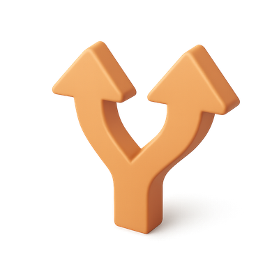 Stylized 3D Diverging Arrows Icon with Isometric View