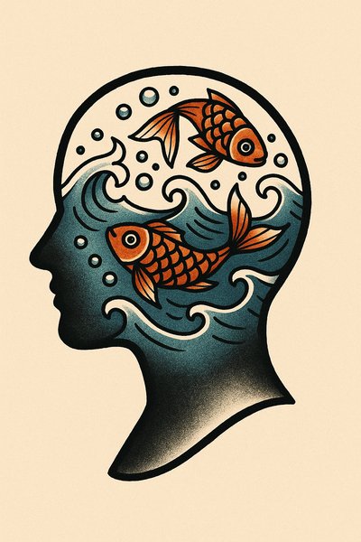 Colorful Tattoo Design of Fish in a Silhouette Head