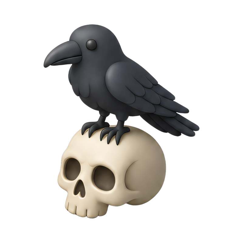 Raven perched on a skull
