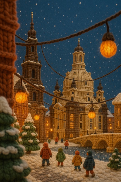 Whimsical Knitted Scene of Dresden's City Centre