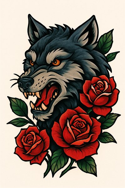 Vibrant Wolf and Rose Tattoo Design