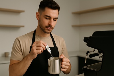 Barista Checking Milk Temperature in Modern Minimalist Setting