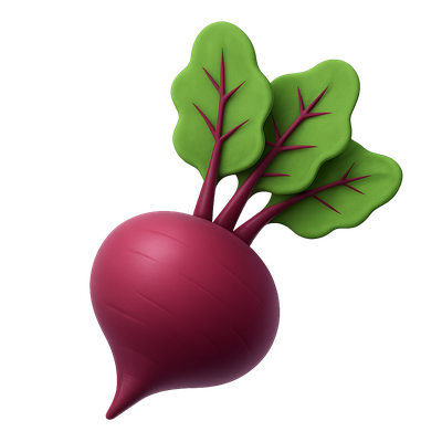 Stylized 3D Beet Icon with Leaves on Transparent Background