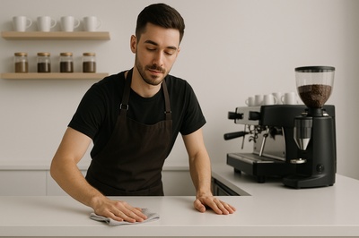 Stylish Barista Cleaning a Minimalist Countertop
