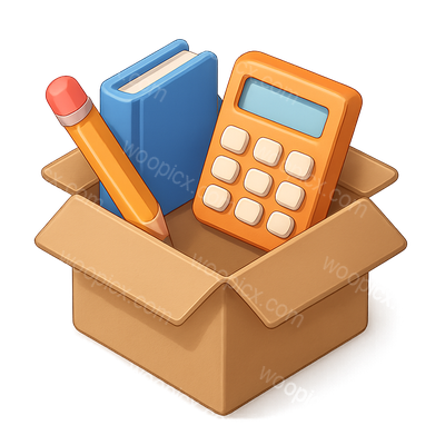3D Open Box with School Supplies and Calculator