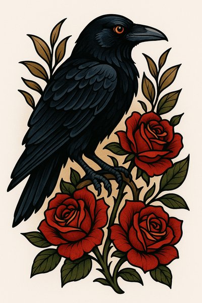 Stylized Raven Illustration Surrounded by Roses