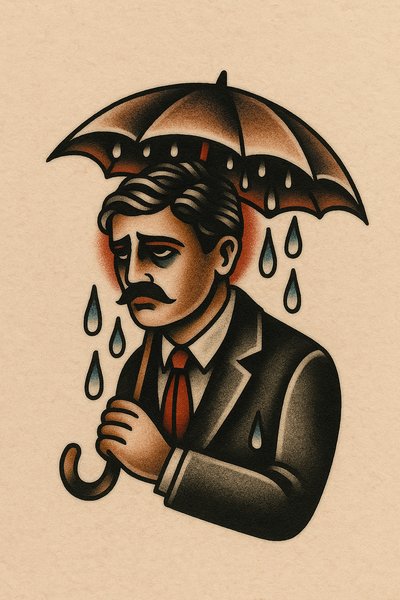 Man with Umbrella Surrounded by Rain Drops Illustration