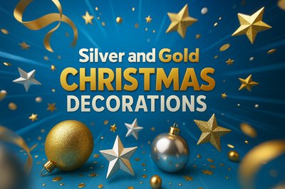 Dynamic Silver and Gold Christmas Decorations on Blue Background