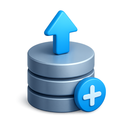 3D Database Upload Icon with Arrow and Plus Sign
