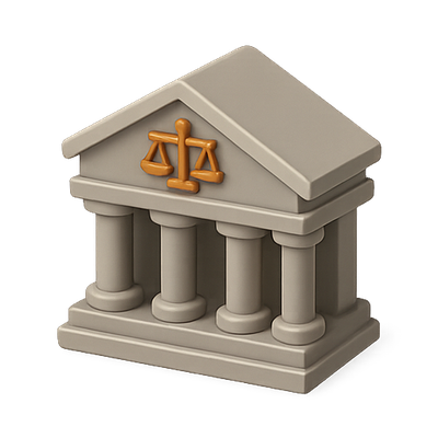 Stylized Legal Building with Scales of Justice Icon