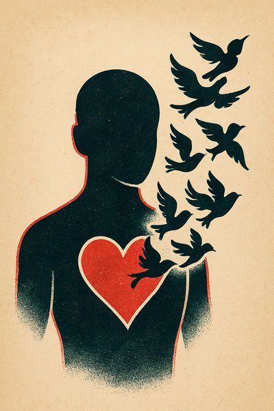 Silhouette of a Heart with Birds Flying Out