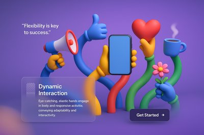 Dynamic 3D Landing Page with Colorful Hands and Interactive Elements
