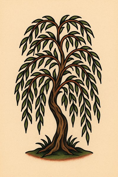 Illustration of a weeping willow tree with intricate details