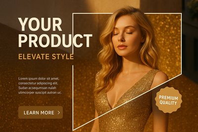 Luxury Blonde Woman in Gold Dress on Glittery Background