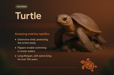3D Turtle Illustration with Feature Highlights and Design Elements