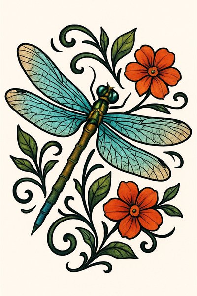 Illustrative Dragonfly with Floral Elements