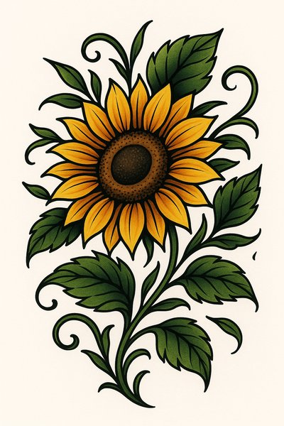 Vibrant Sunflower Illustration with Detailed Leaves