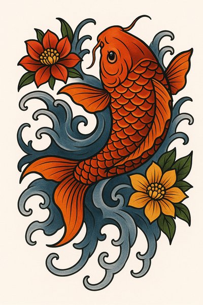 Vibrant Koi Fish Illustration with Floral Elements