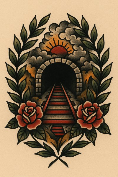 Artistic tattoo design featuring a railway tunnel and roses