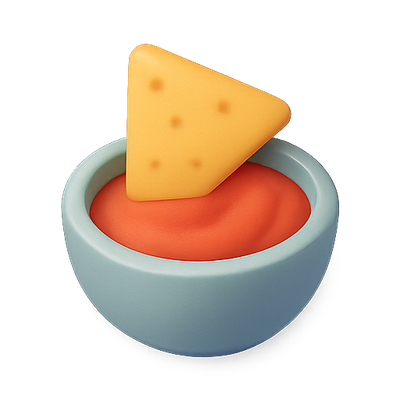 3D Illustration of Tortilla Chip Dipped in Salsa