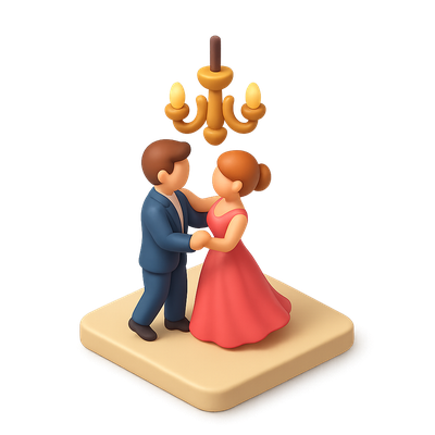 Stylized 3D Ballroom Couple Icon with Chandelier