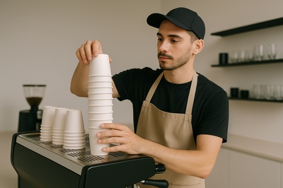 Barista Stacking Cups in Modern Minimalist Café Setting