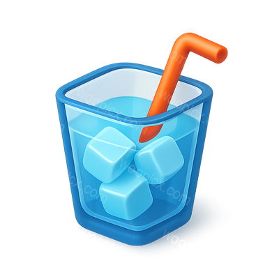 Stylish 3D Glass Icon with Straw and Ice Cubes