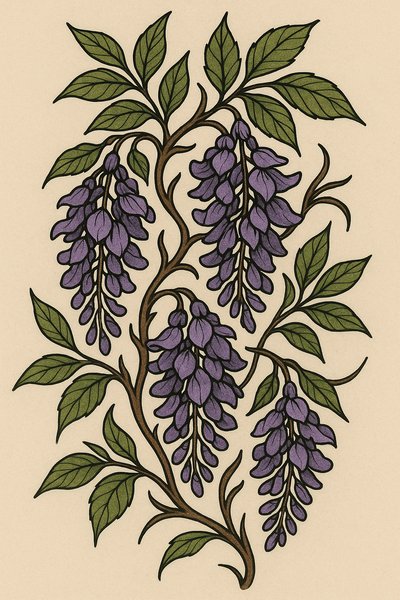 Botanical illustration of wisteria flowers and leaves