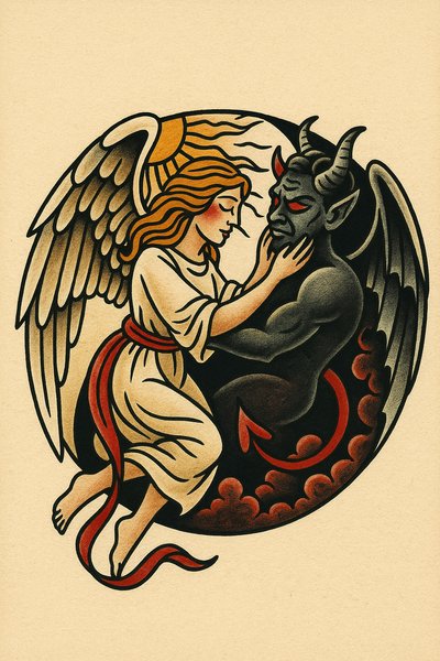 Light and Darkness Tattoo Design Featuring Angel and Demon