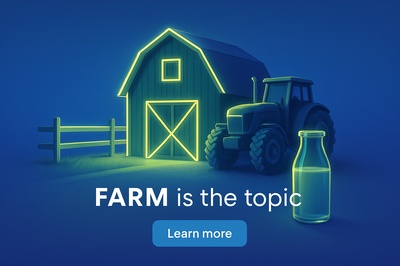 Neon Farm Scene with Tractor and Milk Bottle