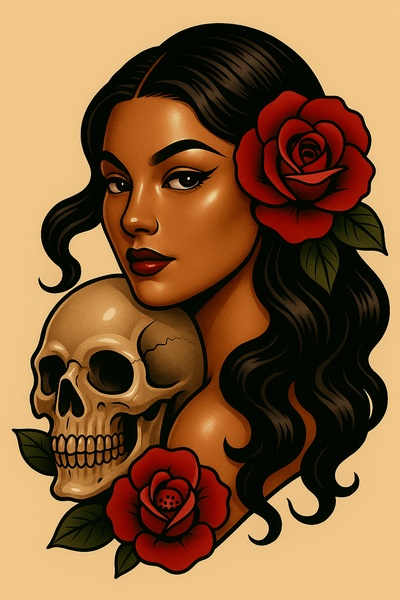Stylized Tattoo Art of Woman with Skull and Roses