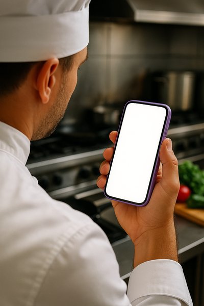 Chef Holding a Purple Phone in a Kitchen Setting