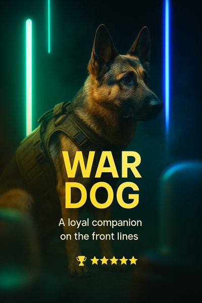 Realistic War Dog Design with Neon Accents and Engaging Text