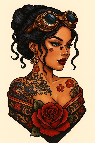 Steampunk Tattoo Girl with Goggles and Floral Design