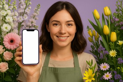 Florist Holding a Phone Among Colorful Flowers