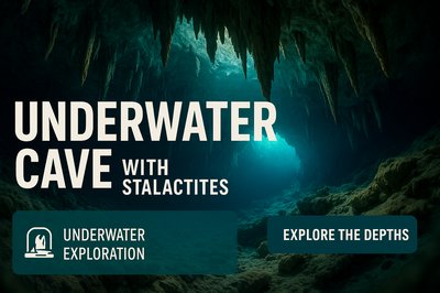 Underwater Cave Exploration Graphic with Stalactites