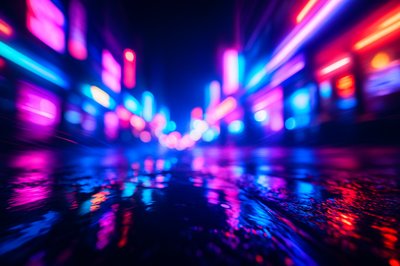 Vibrant Neon City Lights Reflecting on Wet Streets