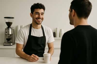 Smiling Barista Engaging with Customer in Modern Café