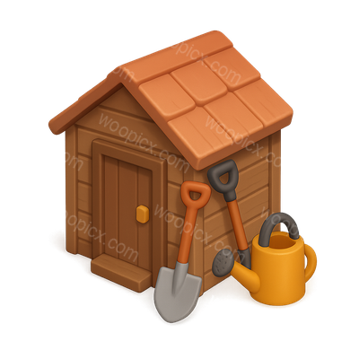 3D Gardening Shed Icon with Tools and Watering Can
