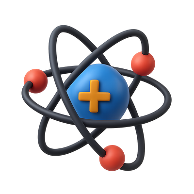 Stylized 3D Atomic Icon with Colorful Orbits