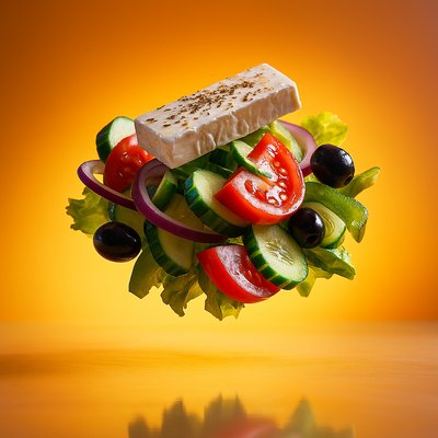 Dynamic Greek Salad Floating in Vibrant Background