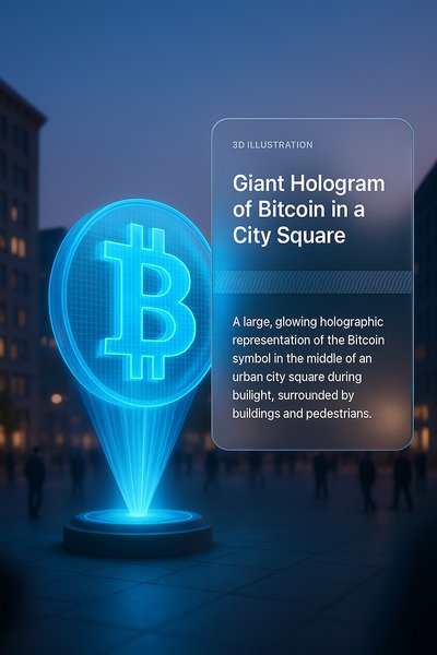 Giant Bitcoin Hologram Illuminating Urban Square