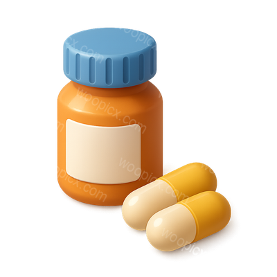 Stylized 3D Medication Icon with Bottle and Capsules